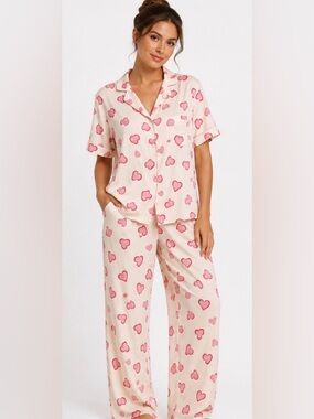 Women's Cream Pink Heart-Print Pajama Set NWT 3X
